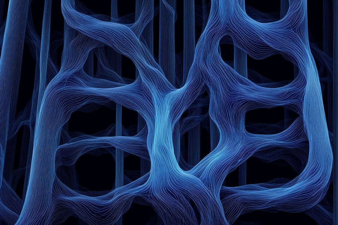 Abstract blue strands in a network pattern symbolizing artificial intelligence or neural networks, against a black background. 